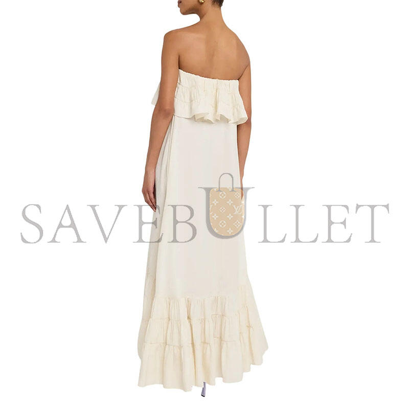 YSL STRAPLESS TIERED RUFFLE HIGH-LOW MIDI DRESS